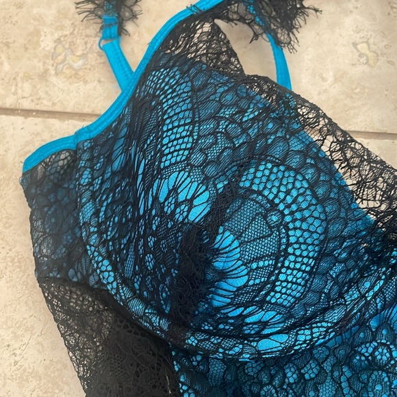 NWOT Yandy 10537Y Black Lace Turquoise One Piece Snap Crotch Teddy Size Large L - Picture 3 of 10
